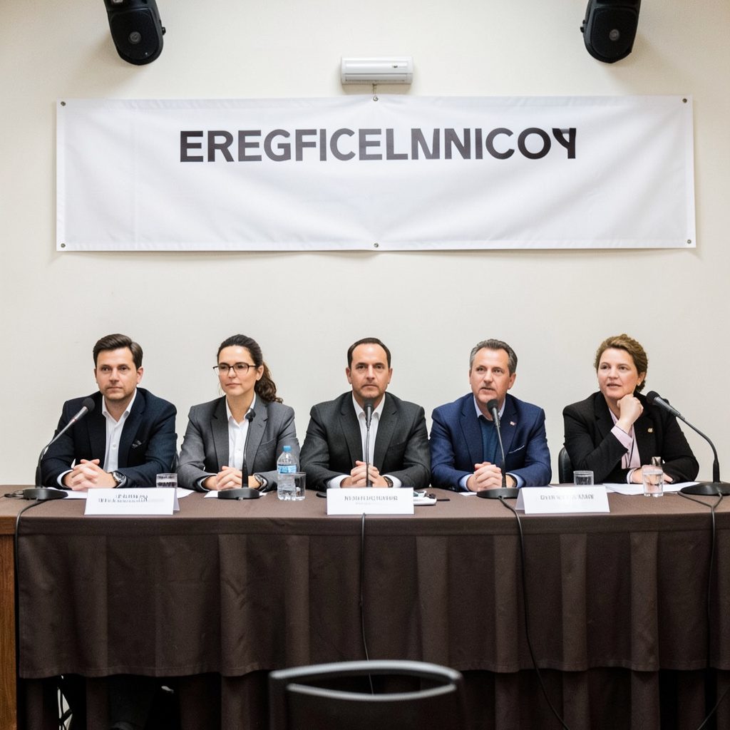 Panelists seated behind a long table on stage, microphones and nameplates arranged before them, with a large conference backdrop