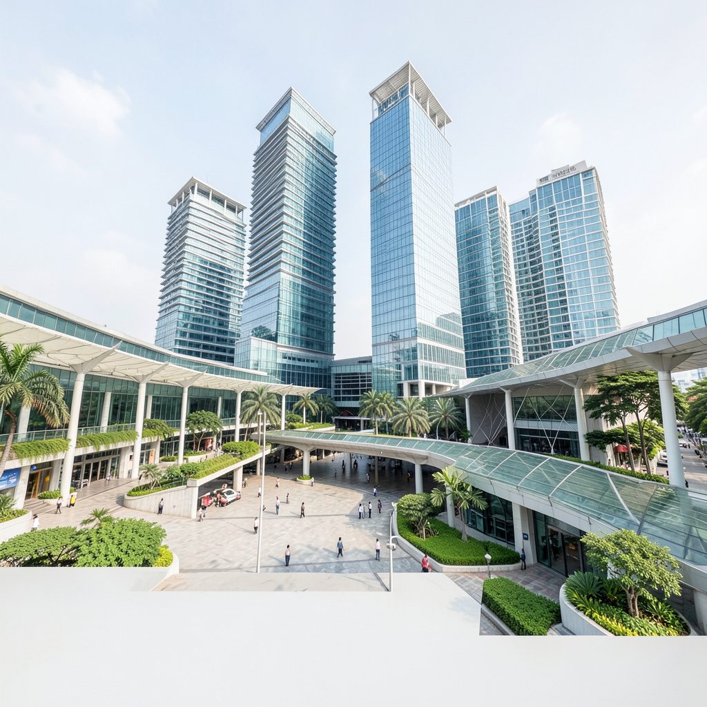 A wide shot of the conference venue exterior in Bangkok, featuring modern architecture with glass facades under a bright sky