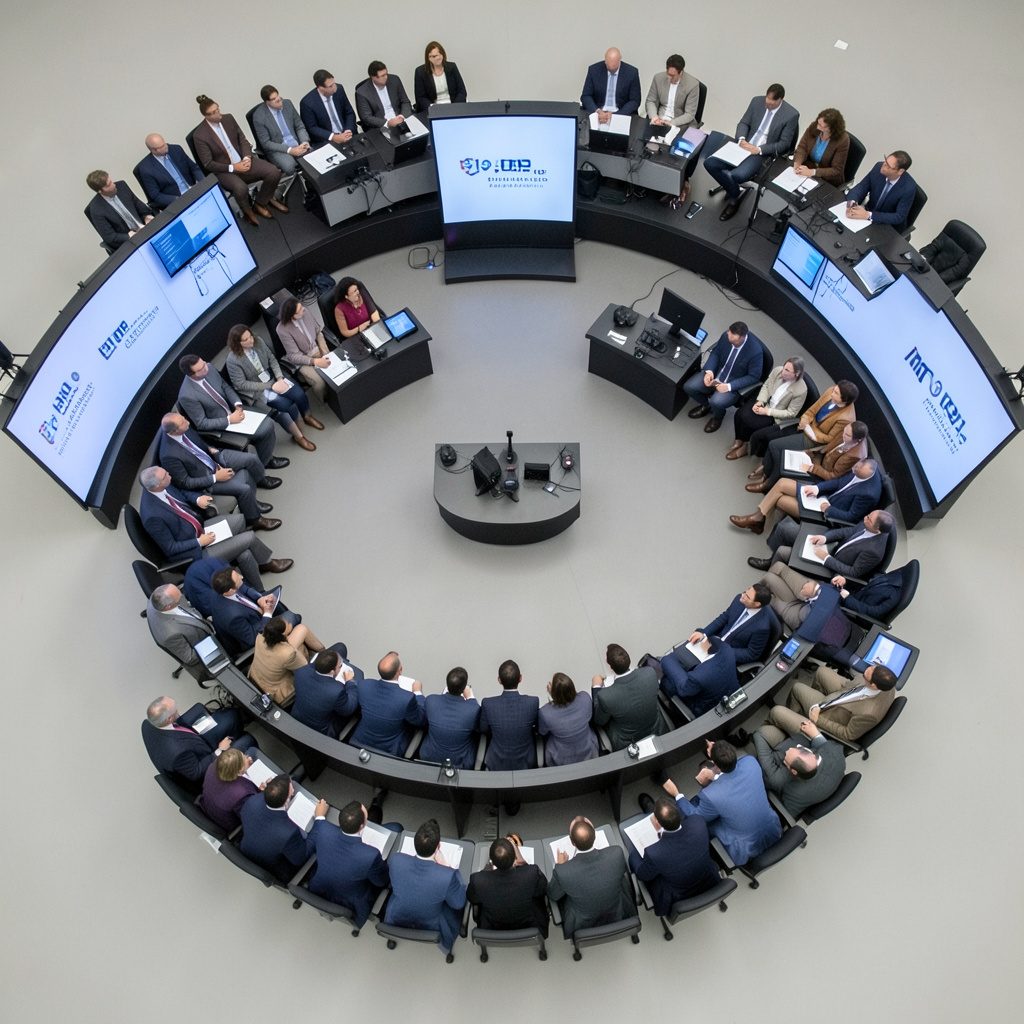 Delegates seated in a semicircular auditorium arrangement, focused on a speaker at the front, with conference branding visible