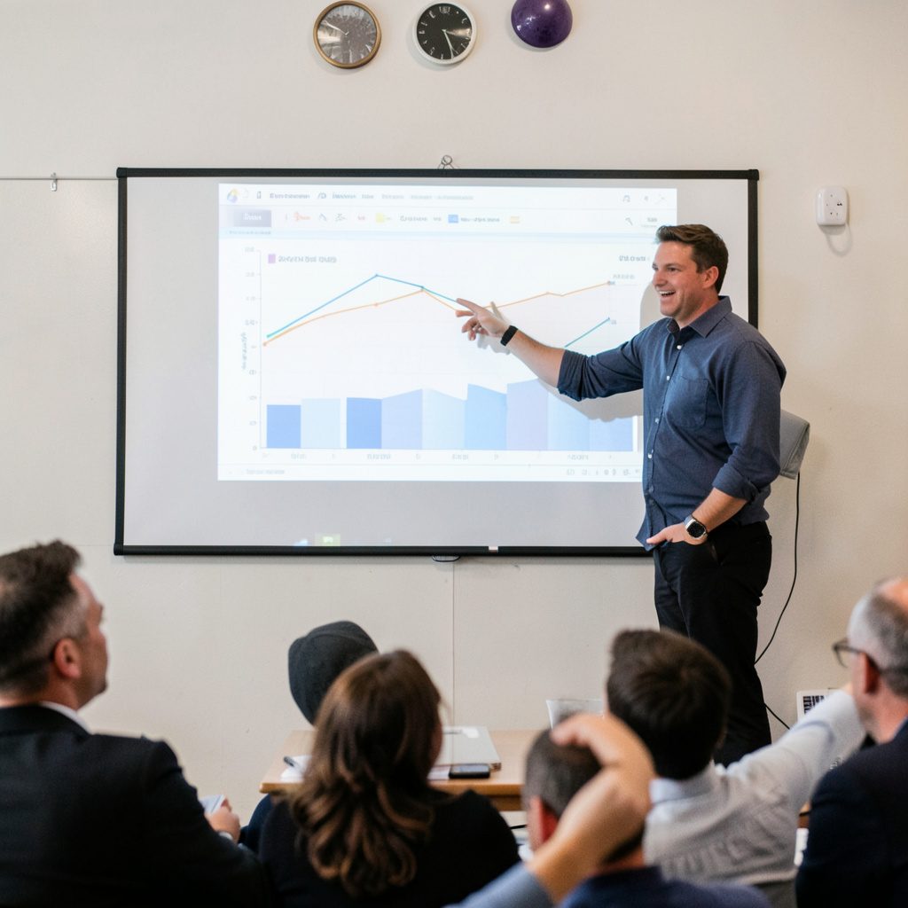 A presenter standing beside a projected slide, gesturing toward data charts, with attentive audience members in the foreground