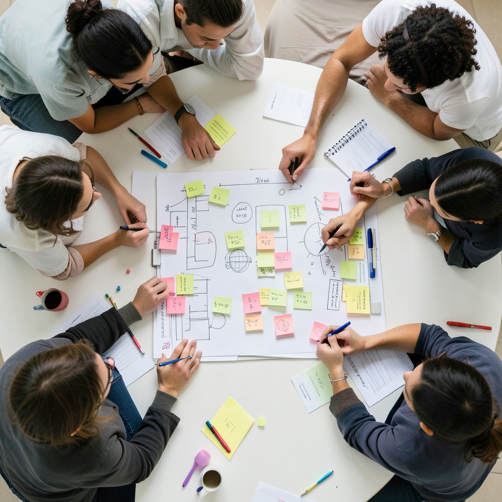 Small groups of participants collaborating around flip charts and sticky notes during an interactive workshop session